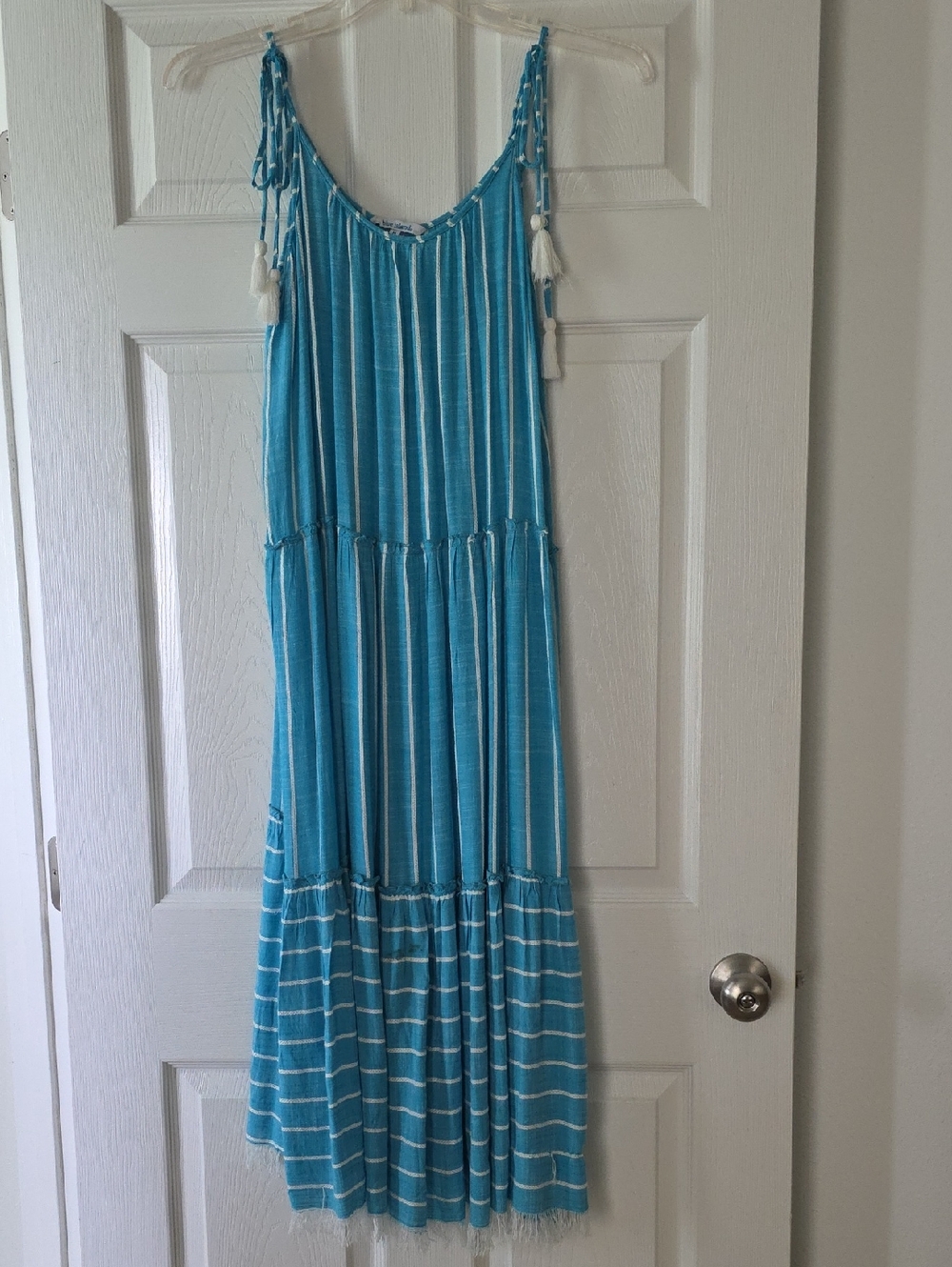 blue island Turquoise Striped Maxi Dress with Tassel Straps